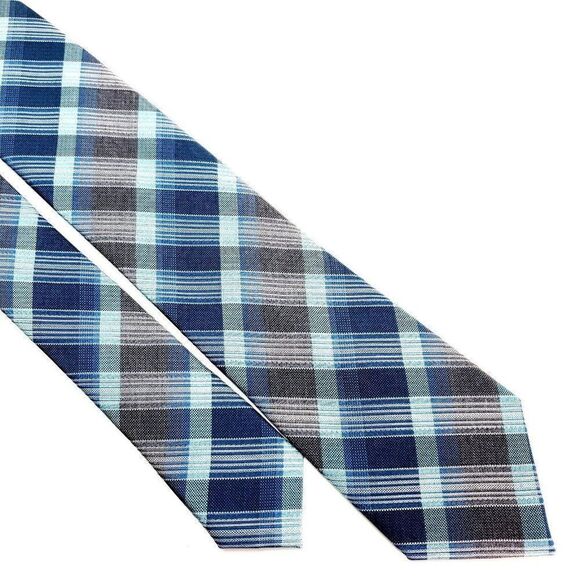 Kenneth Cole Reaction‎ Silk Tie Blue Gray Plaid Skinny Woven - Picture 1 of 6